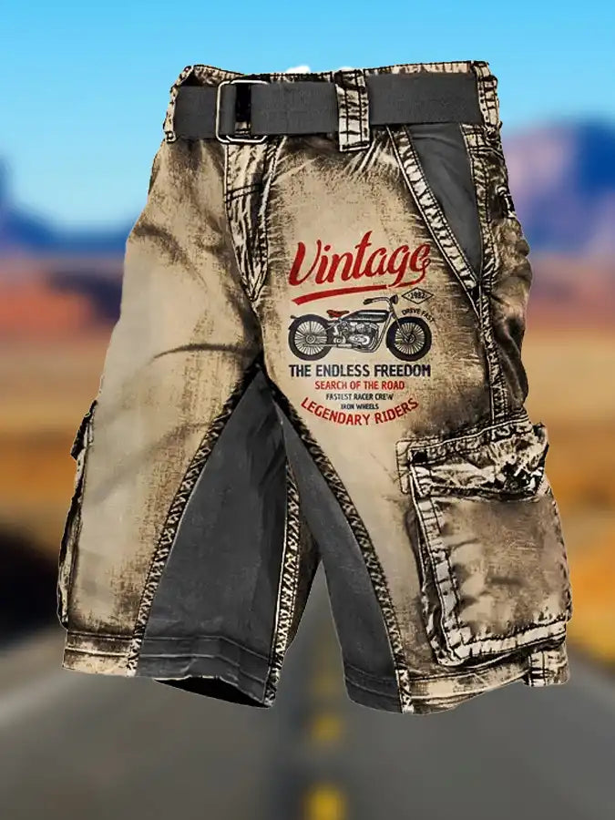 Men's Vintage Motorcycle Print Cargo Shorts
