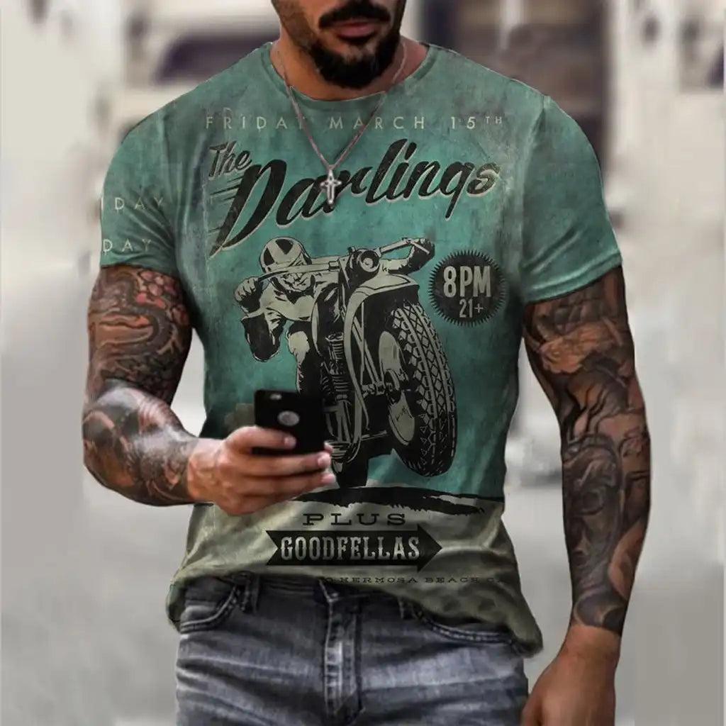 Men's Vintage Motorcycle T-Shirt  - 3D Retro Biker Print & Muscle Fit (XS-6XL)