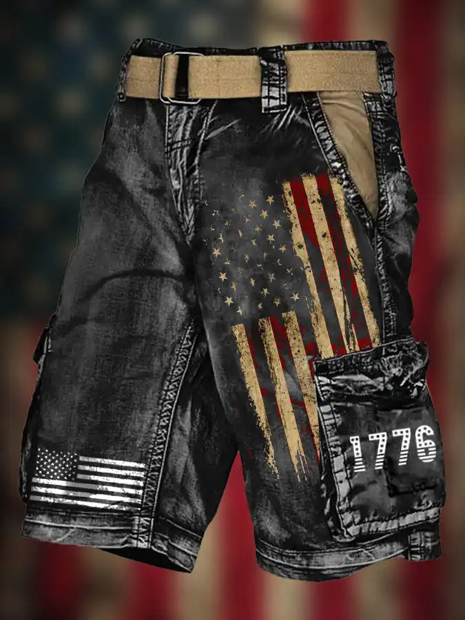 Men's American Flag Vintage Print Patriot Cargo Shorts