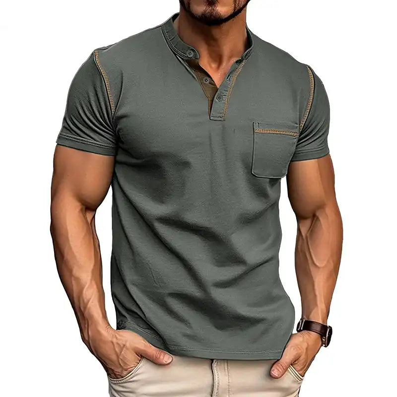 Men's Pocket Henley Shirt - Short Sleeve Cotton Tee