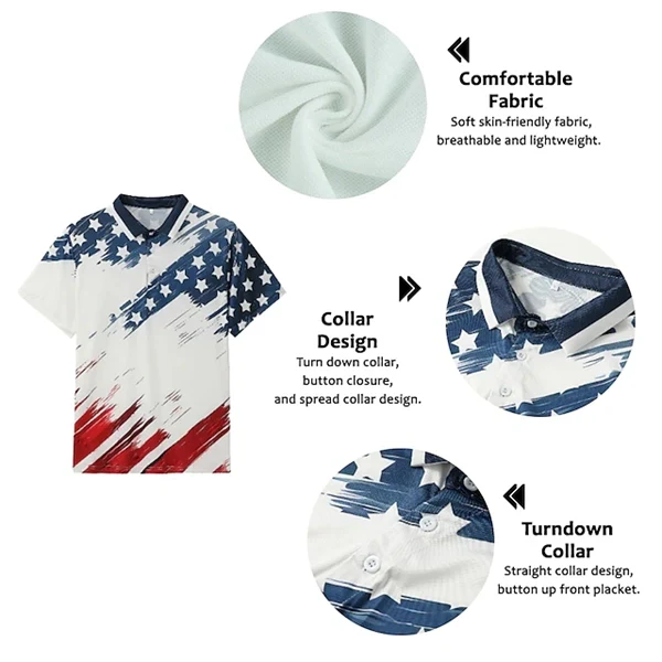 Men's 3D American Flag Veterans Polo Shirt - Patriotic Golf Polo, Short Sleeve Button Collar Casual