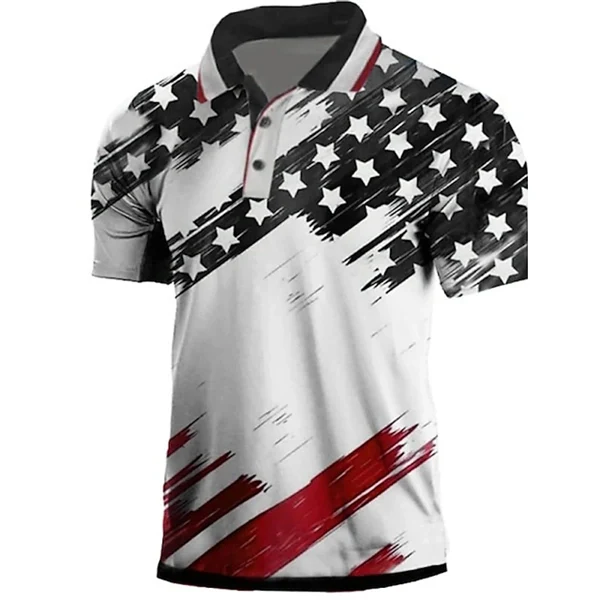 Men's 3D American Flag Veterans Polo Shirt - Patriotic Golf Polo, Short Sleeve Button Collar Casual
