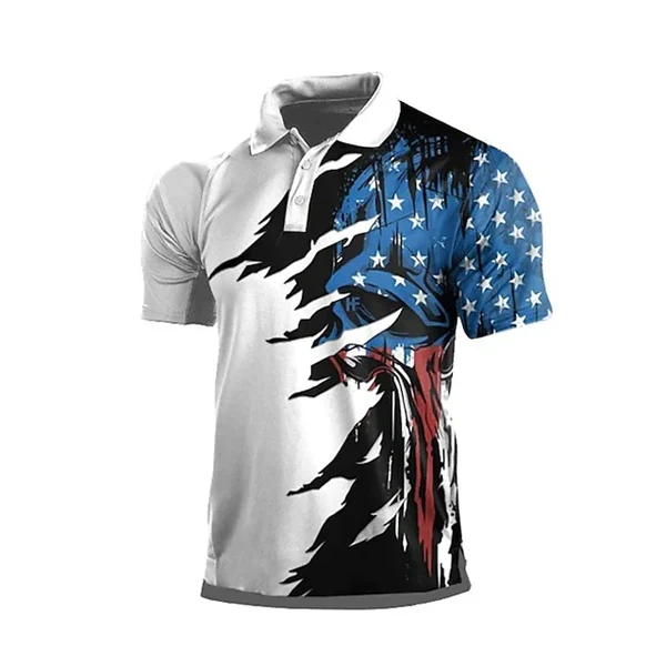 Men's 3D American Flag Veterans Polo Shirt - Patriotic Golf Polo, Short Sleeve Button Collar Casual