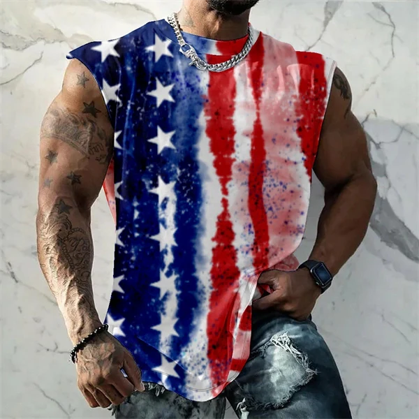 Men's 4th of July Vintage Patriotic USA Independent Flag Tank Top Sleeveless Gym Shirt