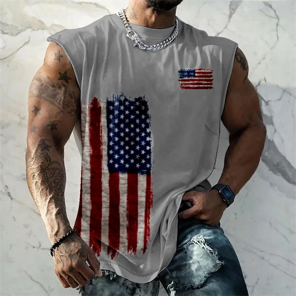 Men's 4th of July Vintage Patriotic USA Independent Flag Tank Top Sleeveless Gym Shirt