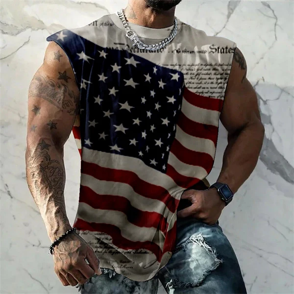 Men's 4th of July Vintage Patriotic USA Independent Flag Tank Top Sleeveless Gym Shirt