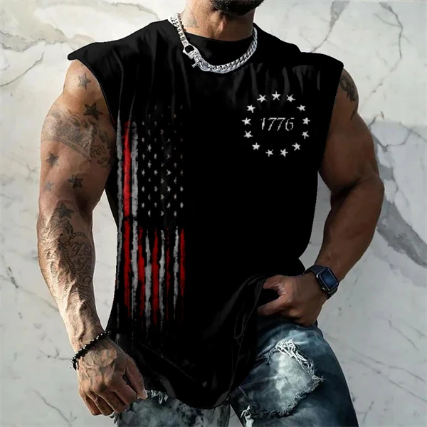 Men's 4th of July Vintage Patriotic USA Independent Flag Tank Top Sleeveless Gym Shirt