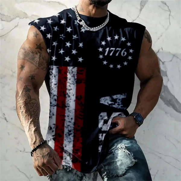 Men's 4th of July Vintage Patriotic USA Independent Flag Tank Top Sleeveless Gym Shirt