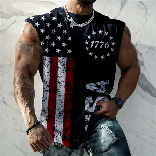 Men's 4th of July Vintage Patriotic USA Independent Flag Tank Top Sleeveless Gym Shirt