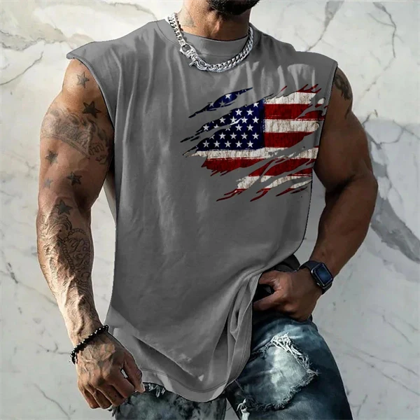 Men's 4th of July Vintage Patriotic USA Independent Flag Tank Top Sleeveless Gym Shirt