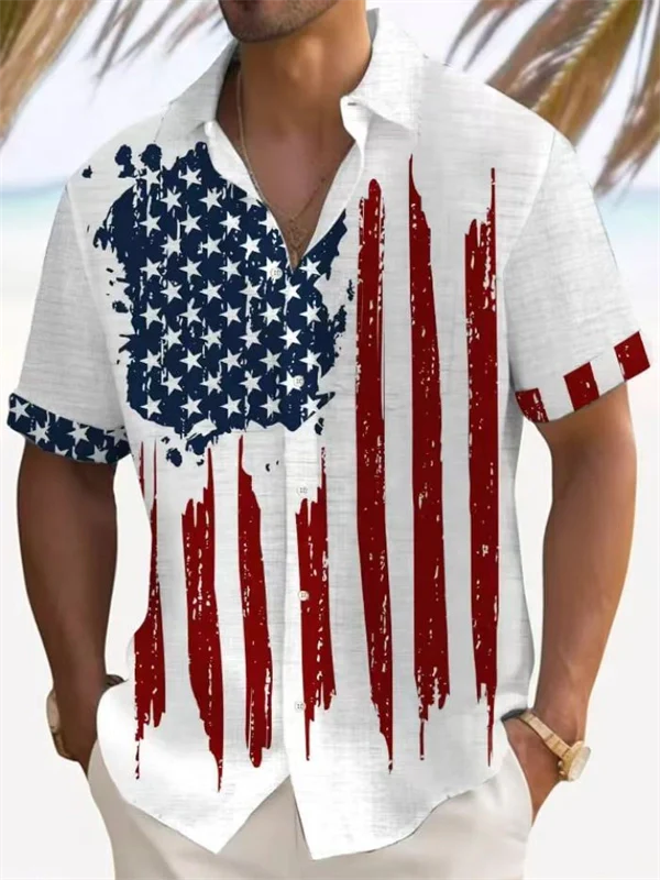 Men’s American Flag Button-Up Shirt – Patriotic Short Sleeve Hawaiian Top for 4th of July