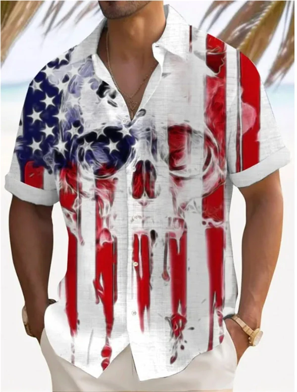Men’s American Flag Button-Up Shirt – Patriotic Short Sleeve Hawaiian Top for 4th of July