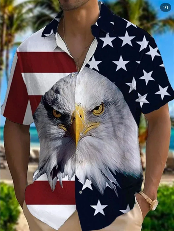 Men’s American Flag Button-Up Shirt – Patriotic Short Sleeve Hawaiian Top for 4th of July