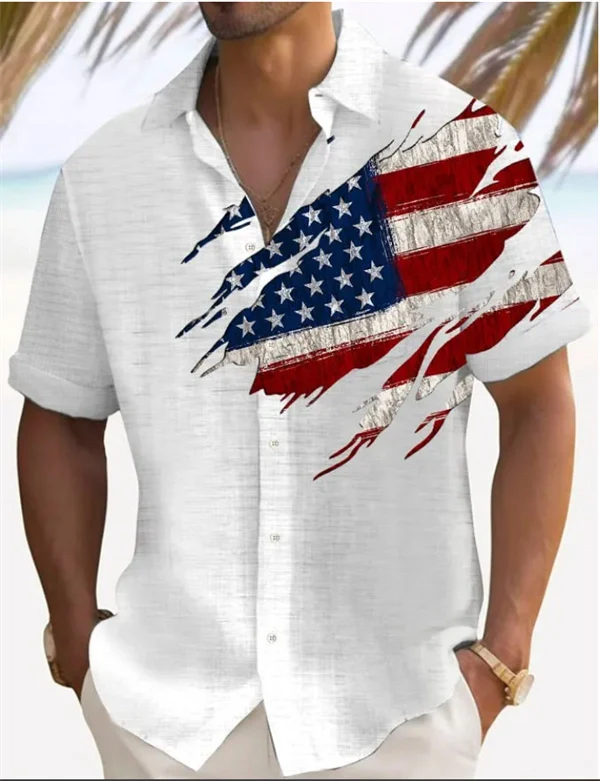 Men’s American Flag Button-Up Shirt – Patriotic Short Sleeve Hawaiian Top for 4th of July