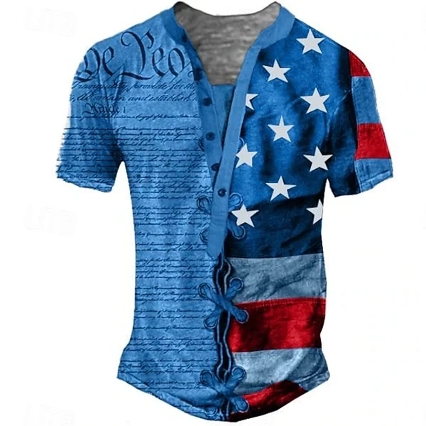 Men’s American Flag Graphic Henley T-Shirt – 3D Print, Short Sleeve, Summer Casual Tee for Outdoor & Daily Wear
