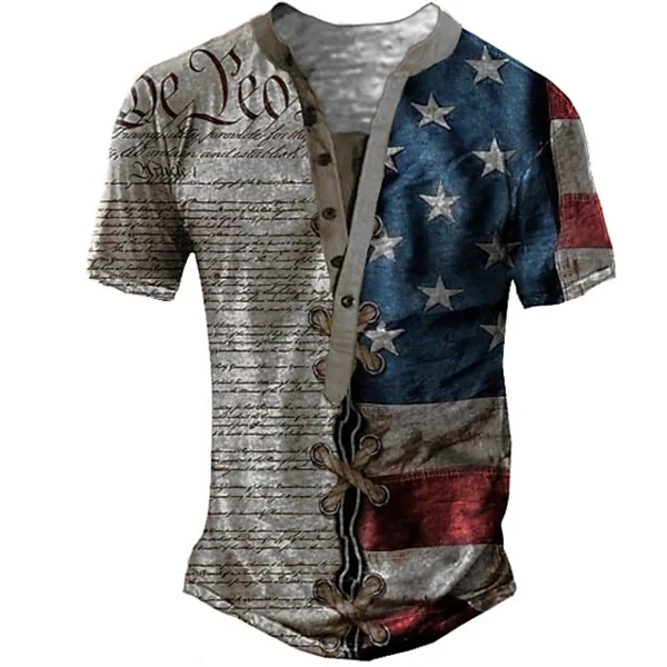 Men’s American Flag Graphic Henley T-Shirt – 3D Print, Short Sleeve, Summer Casual Tee for Outdoor & Daily Wear