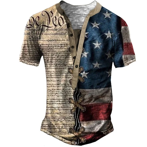 Men’s American Flag Graphic Henley T-Shirt – 3D Print, Short Sleeve, Summer Casual Tee for Outdoor & Daily Wear
