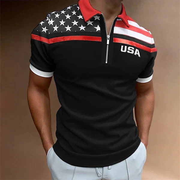 Men's American Flag Quarter Zip Golf Polo - Patriotic Short Sleeve Shirt, Regular Fit Spring Summer Casual