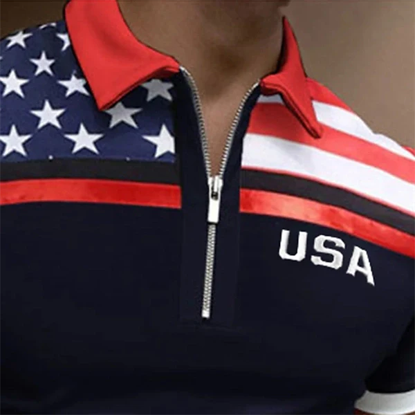 Men's American Flag Quarter Zip Golf Polo - Patriotic Short Sleeve Shirt, Regular Fit Spring Summer Casual