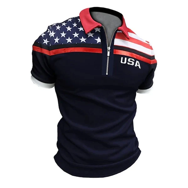 Men's American Flag Quarter Zip Golf Polo - Patriotic Short Sleeve Shirt, Regular Fit Spring Summer Casual