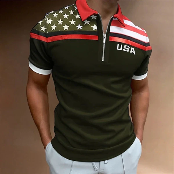Men's American Flag Quarter Zip Golf Polo - Patriotic Short Sleeve Shirt, Regular Fit Spring Summer Casual
