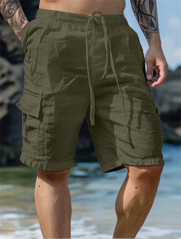 Men’s Casual Linen Shorts – Breathable Summer Beachwear with Drawstring & Utility Pockets
