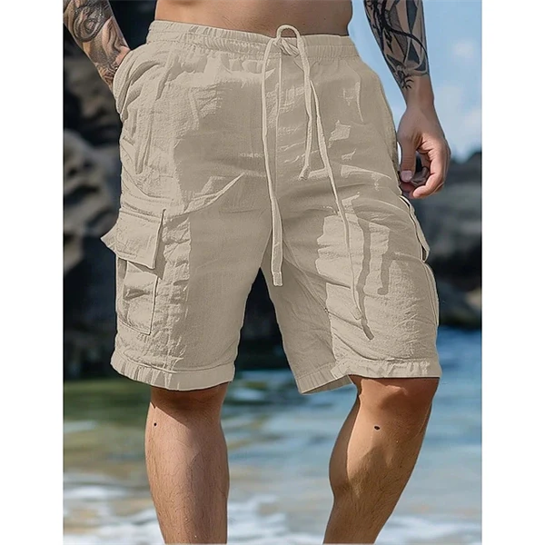 Men’s Casual Linen Shorts – Breathable Summer Beachwear with Drawstring & Utility Pockets