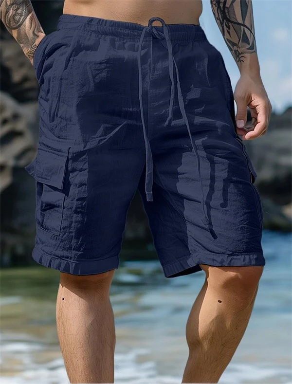 Men’s Casual Linen Shorts – Breathable Summer Beachwear with Drawstring & Utility Pockets