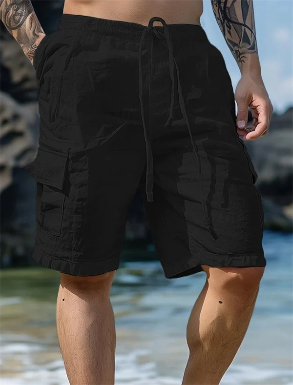 Men’s Casual Linen Shorts – Breathable Summer Beachwear with Drawstring & Utility Pockets