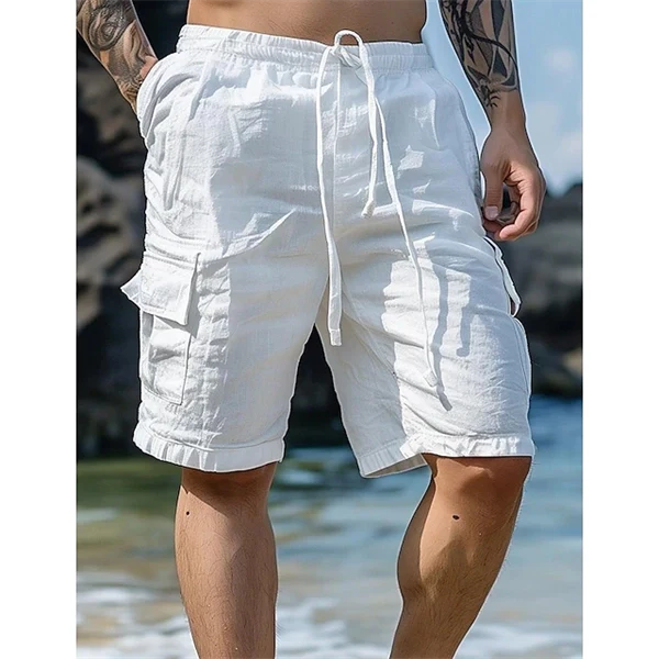 Men’s Casual Linen Shorts – Breathable Summer Beachwear with Drawstring & Utility Pockets