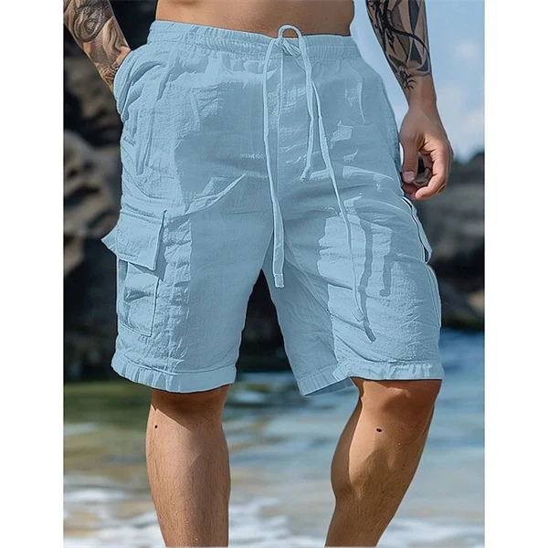 Men’s Casual Linen Shorts – Breathable Summer Beachwear with Drawstring & Utility Pockets