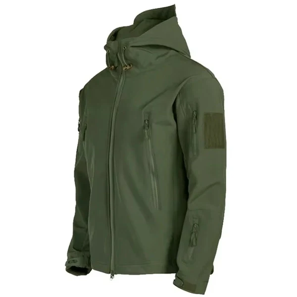 Men's Fleece-Lined Tactical Jacket - Waterproof Softshell Military Style Coat with Hood and Multiple Pockets