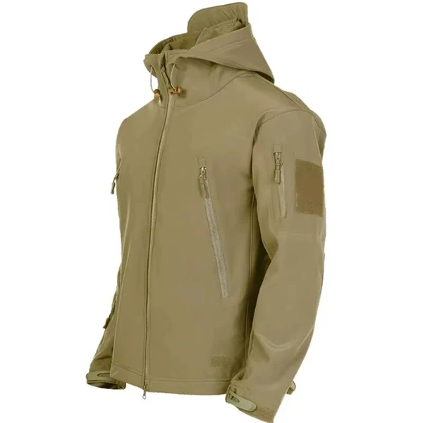 Men's Fleece-Lined Tactical Jacket - Waterproof Softshell Military Style Coat with Hood and Multiple Pockets