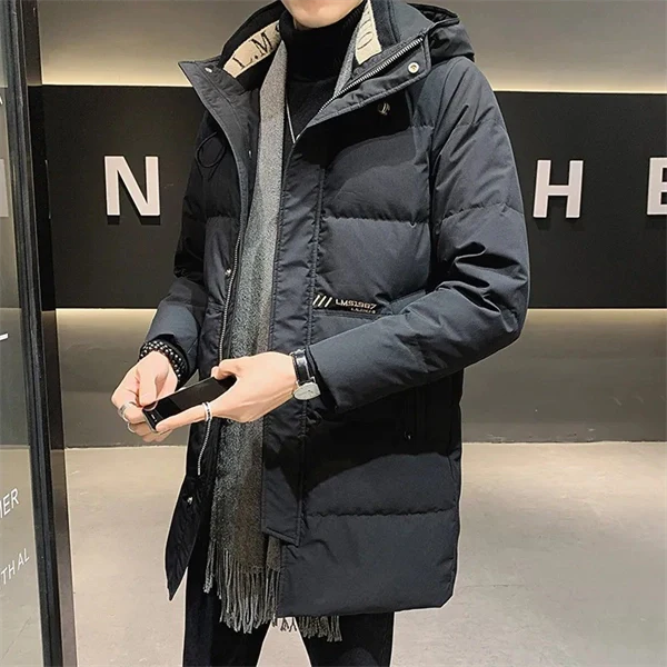 Men’s Hooded Down Jacket – Mid-Length, Warm, Slim Fit Winter Coat