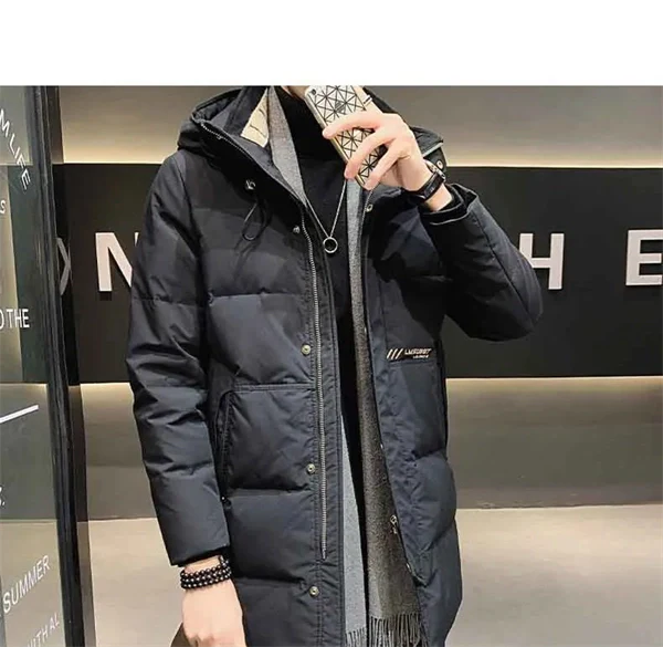 Men’s Hooded Down Jacket – Mid-Length, Warm, Slim Fit Winter Coat