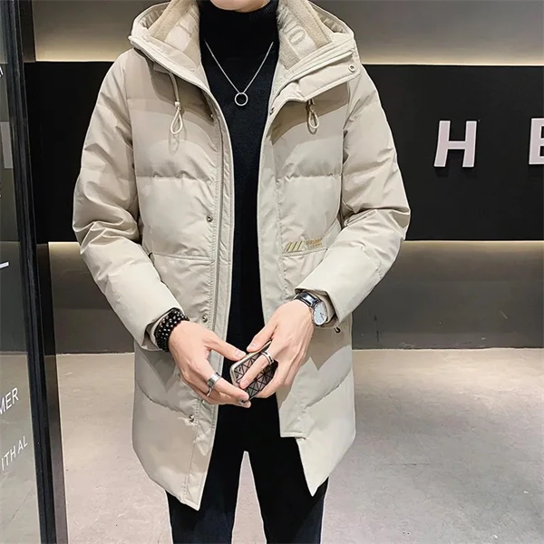 Men’s Hooded Down Jacket – Mid-Length, Warm, Slim Fit Winter Coat