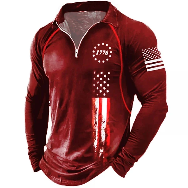 Men’s Patriotic Quarter-Zip Polo Shirt – American Flag Print, Long Sleeve Golf Shirt for Veterans, Casual & Party Wear