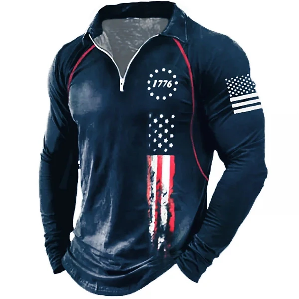 Men’s Patriotic Quarter-Zip Polo Shirt – American Flag Print, Long Sleeve Golf Shirt for Veterans, Casual & Party Wear