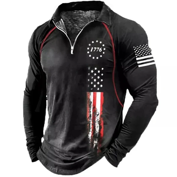 Men’s Patriotic Quarter-Zip Polo Shirt – American Flag Print, Long Sleeve Golf Shirt for Veterans, Casual & Party Wear