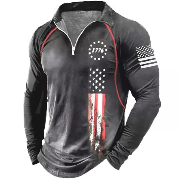 Men’s Patriotic Quarter-Zip Polo Shirt – American Flag Print, Long Sleeve Golf Shirt for Veterans, Casual & Party Wear