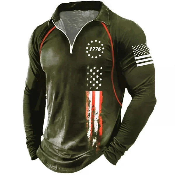 Men’s Patriotic Quarter-Zip Polo Shirt – American Flag Print, Long Sleeve Golf Shirt for Veterans, Casual & Party Wear