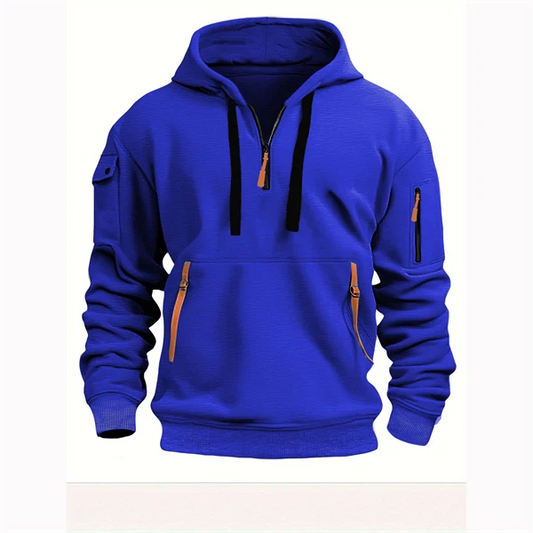 Men’s Plus Size Hooded Sweatshirt – Zip-Up, Multi-Pocket, Pullover Jacket for Spring & Fall