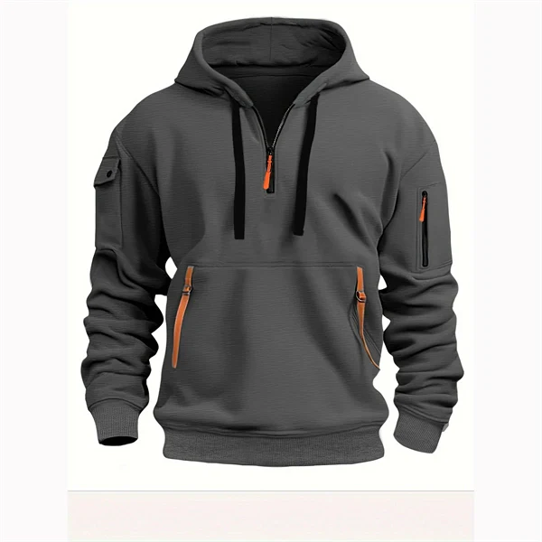Men’s Plus Size Hooded Sweatshirt – Zip-Up, Multi-Pocket, Pullover Jacket for Spring & Fall