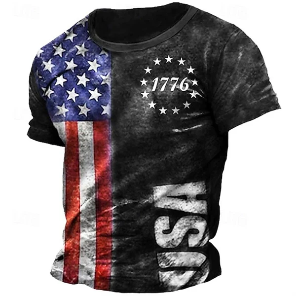 Men's Veterans Day 1776 American Flag T-Shirt - 3D Patriotic Graphic Tee, Crew Neck Short Sleeve