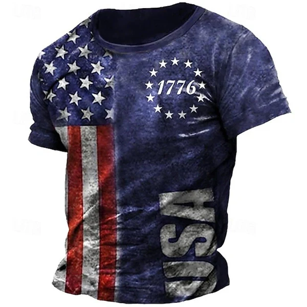 Men's Veterans Day 1776 American Flag T-Shirt - 3D Patriotic Graphic Tee, Crew Neck Short Sleeve