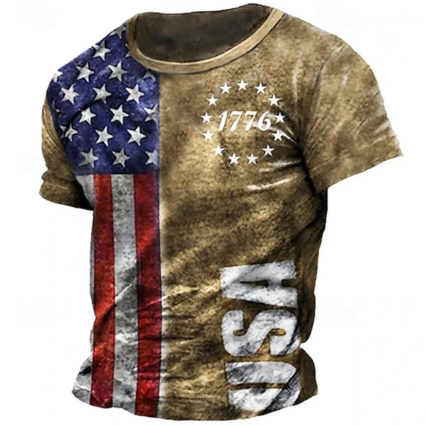 Men's Veterans Day 1776 American Flag T-Shirt - 3D Patriotic Graphic Tee, Crew Neck Short Sleeve
