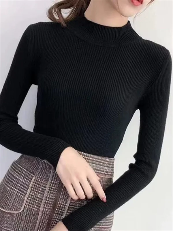 Mock Neck Sweater for Women - Ribbed Knit Pullover Top, Slim Fit Long Sleeve Jumper for Fall Winter