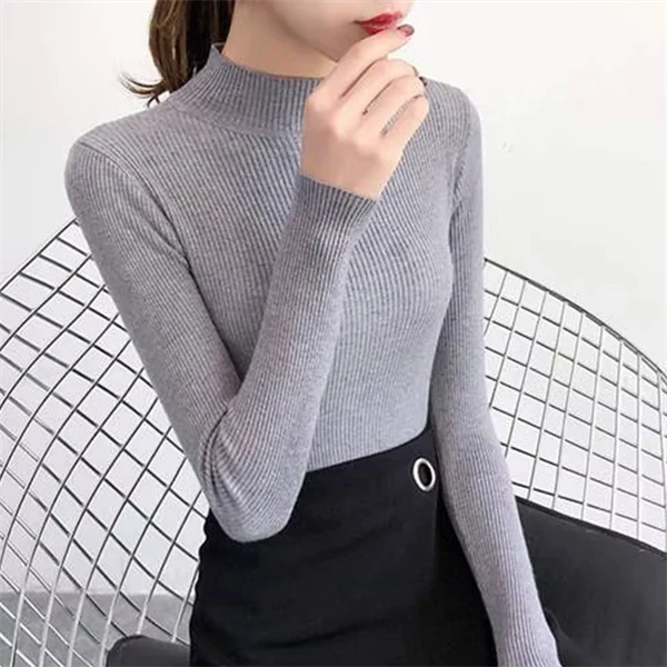 Mock Neck Sweater for Women - Ribbed Knit Pullover Top, Slim Fit Long Sleeve Jumper for Fall Winter