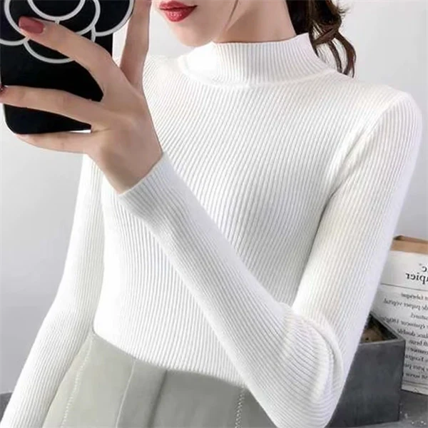 Mock Neck Sweater for Women - Ribbed Knit Pullover Top, Slim Fit Long Sleeve Jumper for Fall Winter