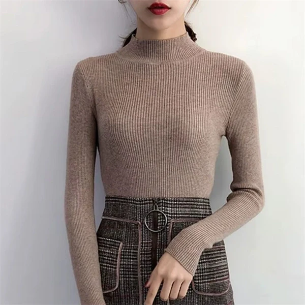 Mock Neck Sweater for Women - Ribbed Knit Pullover Top, Slim Fit Long Sleeve Jumper for Fall Winter